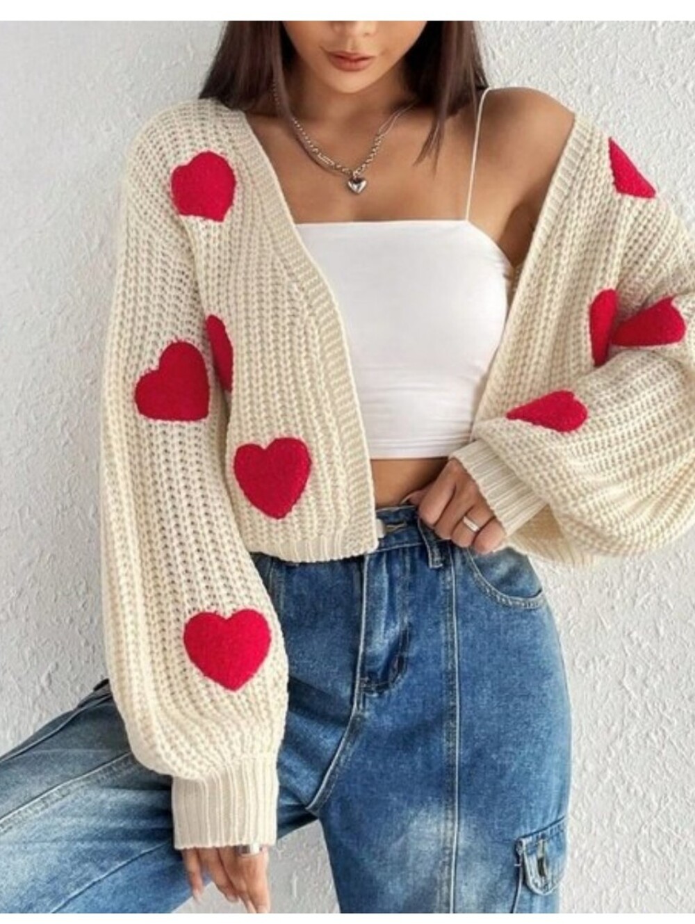 Fun!- Heart Pattern Drop Shoulder Duster Cardigan- Size S